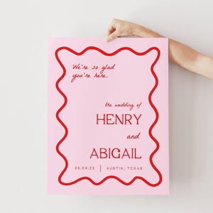 Pink and Red Squiggle Wedding Welcome Sign Template | Editable Welcome Sign Wedding, We&#39;re So Glad You&#39;re Here, Printable, Squiggly, Wavy