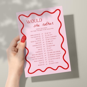 Would She Rather Bridal Shower Game | Pink and Red Bridal Shower, Bridal Shower Games, Newlyweds Game, Who Knows the Bride Best, Squiggly