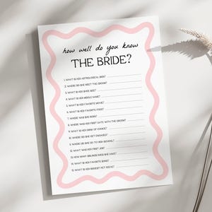 How Well Do You Know the Bride | Bridal Shower Game, Who Knows The Bride Best, Bridal Trivia Game, Printable Game, Editable, Pink Wavy, WP1