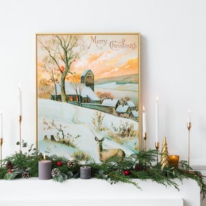 PRINTABLE Winter Village Art Print | Vintage Christmas Print, Winter Farmhouse Art Print, Digital Download, Printable Holiday Art