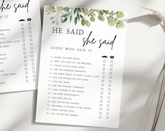 He Said She Said Bridal Shower Game | Greenery, Printable Bridal Shower Games, Editable Template, Guess Who Said It, Wedding Shower Game, G1