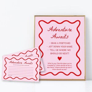 Pink and Red Adventure Awaits Sign and Cards | Where Should We Go, Travel Ideas, Travel Guestbook, Wedding Ideas and Advice, Editable Sign