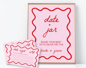 Pink and Red Date Jar Sign and Cards | Date Night Card Template, Date Night Ideas, Bridal Shower, Newlywed Date, Wavy, Squiggly, Editable