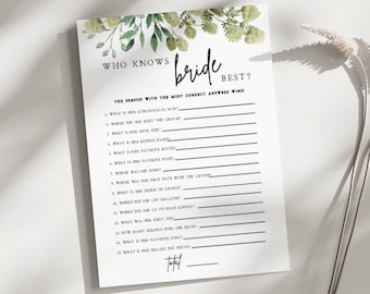 Who Knows Bride Best Bridal Shower Game | Greenery, Who Knows The Bride Most Game, How Well Do You Know The Bride, Editable Template, G1
