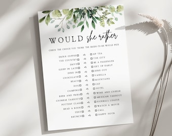 Would She Rather Bridal Shower Game | Greenery, Printable Would She Rather Game, Who Knows Bride Best, Editable Template, Wedding Shower, G1