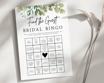 Find the Guest Bingo | Greenery, Bridal Shower Games, Bridal Bingo Game, Bridal Shower Bingo, Printable, Editable Template, Coed Shower, G1