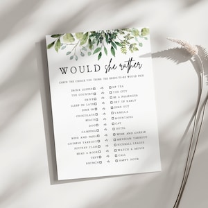 Would She Rather Bridal Shower Game | Greenery, Printable Would She Rather Game, Who Knows Bride Best, Editable Template, Wedding Shower, G1