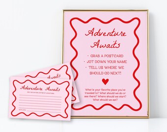 Pink and Red Adventure Awaits Sign and Cards | Where Should We Go, Travel Ideas, Travel Guestbook, Wedding Ideas and Advice, Editable Sign
