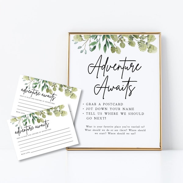 Adventure Awaits Sign | Greenery, Travel Guestbook, Wedding Travel Ideas and Advice, Wedding Guestbook Sign, Printable Wedding Sign, G1