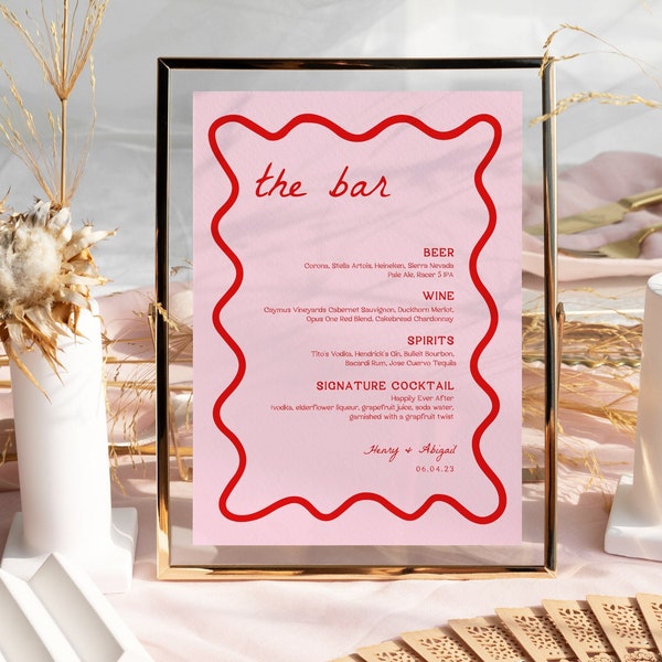 Pink and Red Wedding Bar Menu | Wedding Drink Sign Printable, Drink Menu Sign, Bar Menu Template, Editable Bar Menu, Wavy, Squiggly