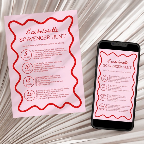 Bachelorette Scavenger Hunt Template | Pink and Red Bachelorette Scavenger Hunt, Bachelorette Party Games, Hen Party Game, Wavy, Squiggly