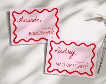 Will You Be My Bridesmaid | Pink and Red Bridesmaid Proposal Card, Will You Be My Maid of Honor, Wavy, Squiggly, Maid of Honor Proposal