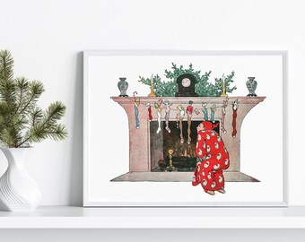 PRINTABLE Vintage Stocking Art Print | Christmas Art Prints, Printable Holiday Art, Instant Download, Fireplace, Vintage Art Prints