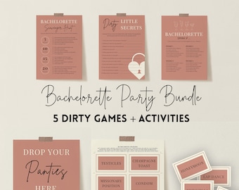 May include: A bachelorette party bundle with five printable games and activities. The games include "Dirty Little Secrets", "Bachelorette Drink If", "Drop Your Panties Here", "Bachelorette Charades", and "Honeymoon, Bridezilla, Lap Dance, Walk of Shame, Hangover".