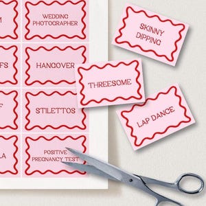 Dirty Bachelorette Charades | Bachelorette Party Games, Hen Party Games, Printable Game, Bachelorette Template, Squiggly, Wavy, Pink and Red