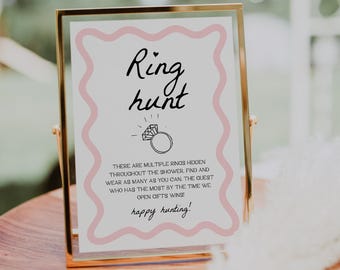 Ring Hunt Bridal Shower Game | Ring Hunt Sign, Printable Bridal Shower Games, Bridal Shower Printable, Find The Rings Game, Pink, Wavy, WP1