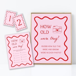 Pink and Red How Old Were They Bridal Shower Game | Printable Bridal Shower Games, Shower Photo Game, How Old Were the Bride and Groom, Wavy