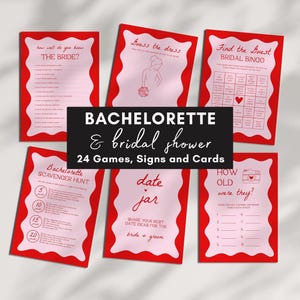 Bridal Shower Games Bundle | Bachelorette Party Games, Hen Party, Red and Pink, 24 Editable Bridal Shower Games and Signs, Wavy, RP2