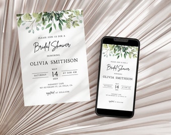 Bridal Shower Invitation | Printable Bridal Shower Invitation Card, Eucalyptus, Greenery, Editable Template, Bridal Shower Invite, G1