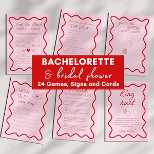 Bridal Shower Games Bundle | Pink and Red Bridal Shower, Bachelorette Party Games, 24 Editable Bridal Shower Games and Signs, Squiggly, Wavy