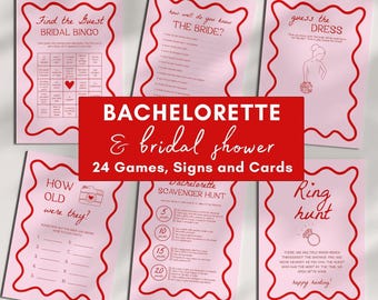 Bridal Shower Games Bundle | Pink and Red Bridal Shower, Bachelorette Party Games, 24 Editable Bridal Shower Games and Signs, Squiggly, Wavy