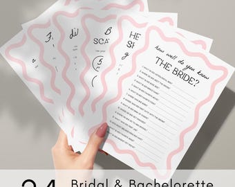 Bridal Shower Games Bundle | 24 Pink Wavy Editable Games and Signs, Bachelorette Party Games, Hen Party Games, Pack of Games, Scalloped, WP1