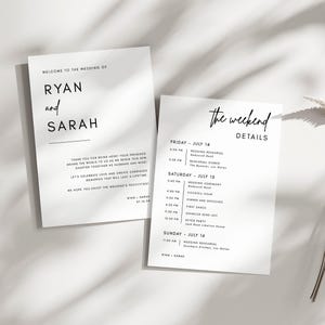 Minimalist Wedding Events Card Template | Luna, Wedding Welcome Bag Card, Wedding Itinerary Template, Editable Wedding Weekend Timeline