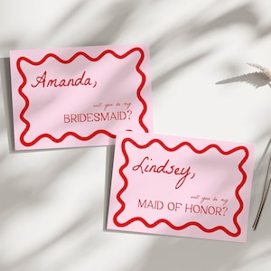 Will You Be My Bridesmaid | Pink and Red Bridesmaid Proposal Card, Will You Be My Maid of Honor, Wavy, Squiggly, Maid of Honor Proposal