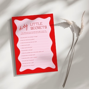 Dirty Little Secrets | Bachelorette Party Games, Bridal Shower Games, Who Knows The Bride Best, Hen Party, Red and Pink, Wavy Border, RP2