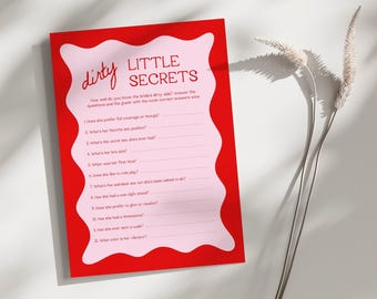 Dirty Little Secrets | Bachelorette Party Games, Bridal Shower Games, Who Knows The Bride Best, Hen Party, Red and Pink, Wavy Border, RP2