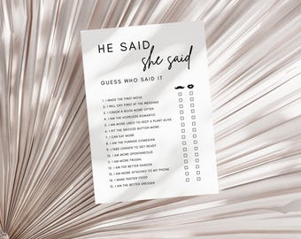 He Said She Said Bridal Shower Game | Luna, Printable Bridal Shower Games, Minimalist Bridal Shower, Editable Template, Guess Who Said It