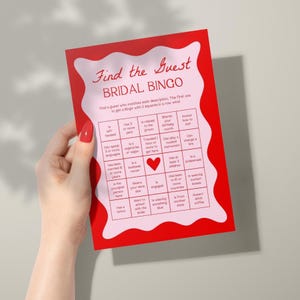 Bridal Bingo | Find The Guest Bingo, Shower Ice Breaker Game, Get to Know You Game, Wavy Border, Bridal Shower Game, Red and Pink, RP2