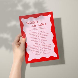 Would She Rather Bridal Shower Game | How Well Do You Know The Bride, Bachelorette Party Game, Editable Game, Red and Pink, Wavy Border, RP2