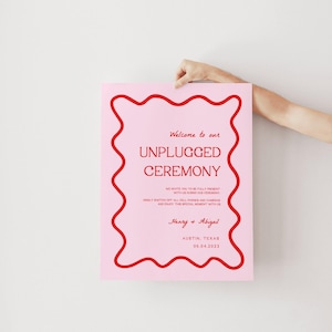 Pink and Red Squiggle Unplugged Ceremony Sign Template | Unplugged Wedding Sign, Modern Calligraphy, Editable, Put Your Phones Away, Wavy