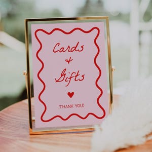 Pink and Red Cards and Gifts Sign | Squiggly Wedding Sign, Bridal Shower Gift Sign, Baby Shower Gift Sign, Gift Table Sign, Wavy, Editable