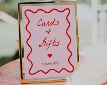 Pink and Red Cards and Gifts Sign | Squiggly Wedding Sign, Bridal Shower Gift Sign, Baby Shower Gift Sign, Gift Table Sign, Wavy, Editable