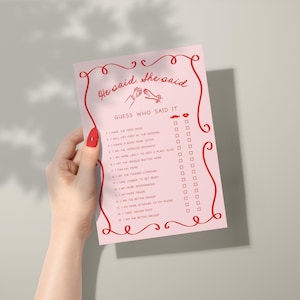 He Said She Said Game | Hand Drawn Bridal Shower Game, Printable He Said She Said Game Card, Editable Game, Templett, Red and Pink, HD1