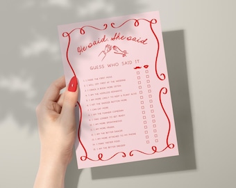 He Said She Said Game | Hand Drawn Bridal Shower Game, Printable He Said She Said Game Card, Editable Game, Templett, Red and Pink, HD1