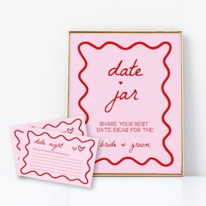 Pink and Red Date Jar Sign and Cards | Date Night Card Template, Date Night Ideas, Bridal Shower, Newlywed Date, Wavy, Squiggly, Editable