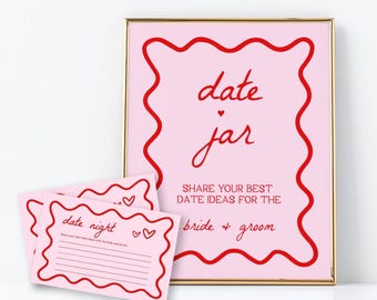 Pink and Red Date Jar Sign and Cards | Date Night Card Template, Date Night Ideas, Bridal Shower, Newlywed Date, Wavy, Squiggly, Editable
