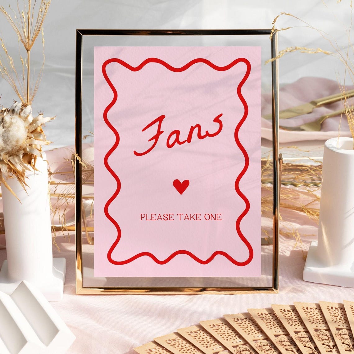 Fansign Table Pink and Red Fans Sign | Squiggly Wedding Sign, Wedding Fan Sign ...