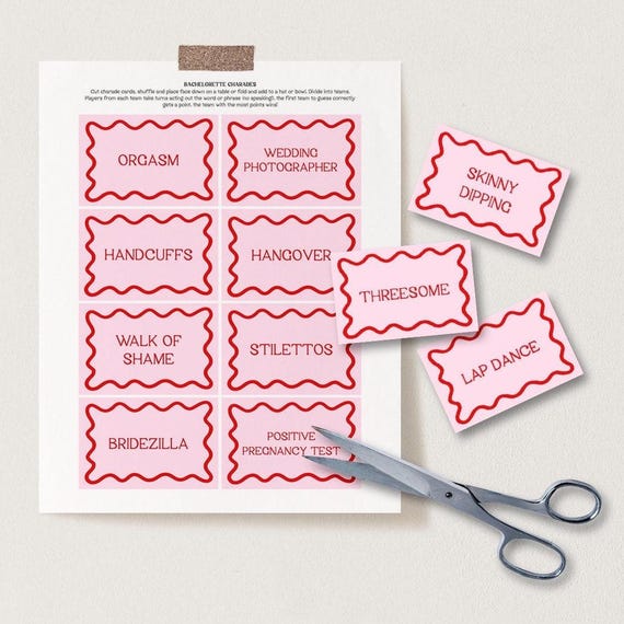 Dirty Bachelorette Charades | Bachelorette Party Games, Hen Party Games, Printable Game, Bachelorette Template, Squiggly, Wavy, Pink and Red