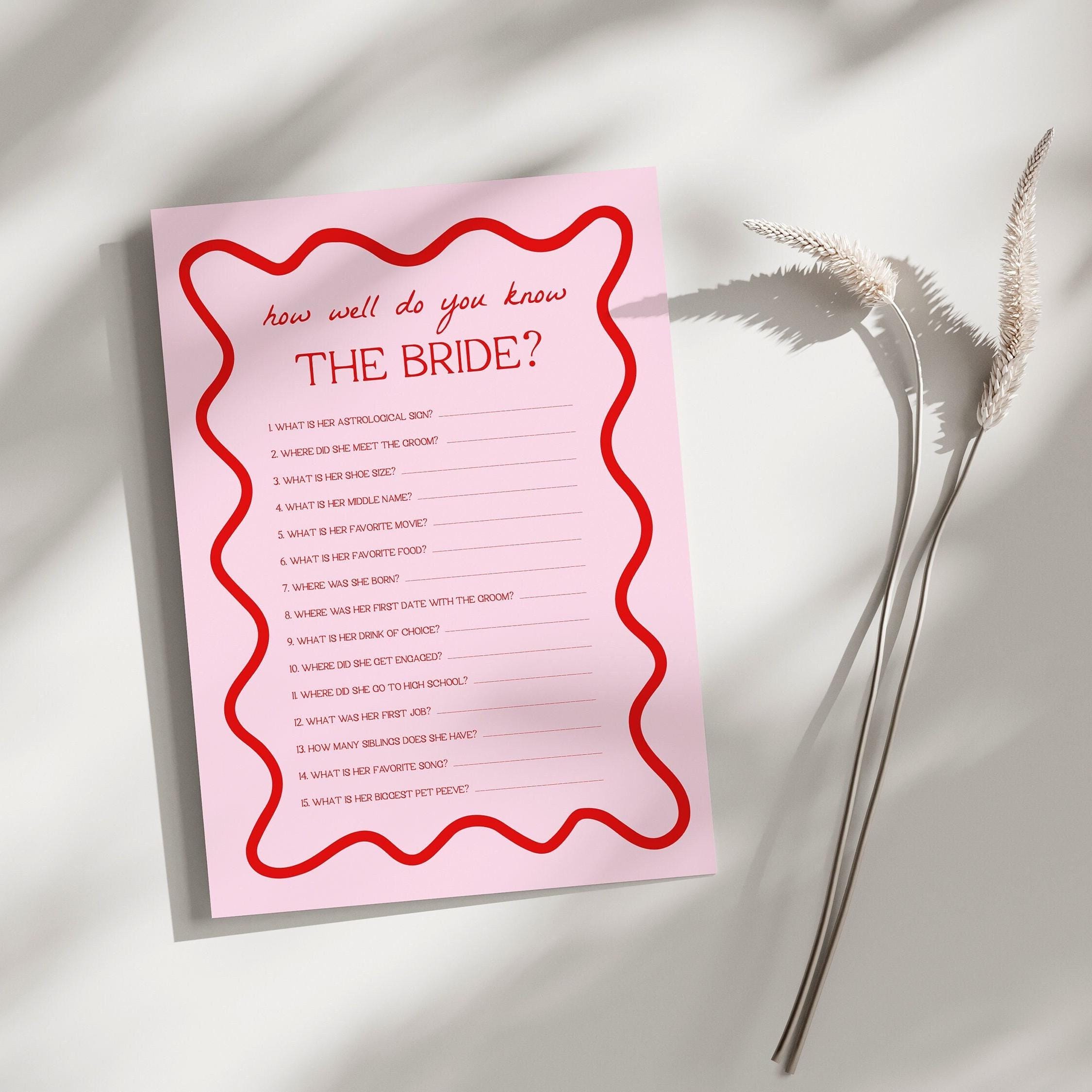 How Well Do You Know the Bride Bridal Shower Game | Pink and Red Bridal Shower, Who Knows the Bride Best, Bridal Shower Game, Wavy, Squiggly