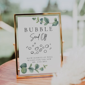 Eucalyptus Bubble Send Off Sign | Printable Wedding Bubble Send Off Sign, Wedding Bubbles Sign, Newlywed Send Off Sign, Editable, Greenery