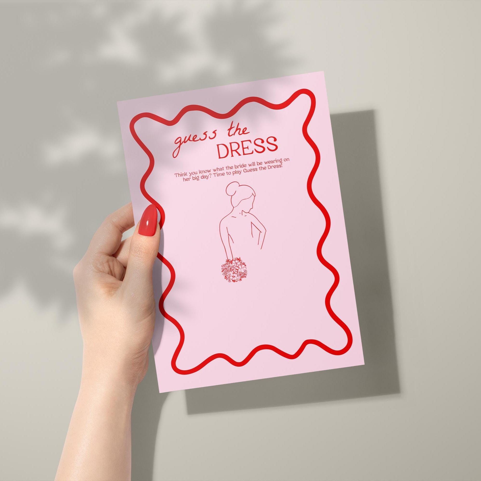 Guess the Dress Bridal Shower Game | Pink and Red Bridal Shower, Bridal Shower Games, Printable Game, Editable Template, Wavy, Squiggly