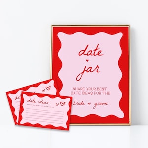 Date Ideas Sign and Cards | Date Jar, Date Night Card, Date Night Ideas Card, Wedding Sign, Printable Bridal Shower, Wavy, Red and Pink, RP2