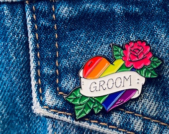 Pride Groom Tattoo Enamel Pin, Bachelor Party Pin, Groom Gift, Rainbow Flag Enamel Pin, Gay Wedding Pin, Queer Wedding Pin, Rainbow Heart