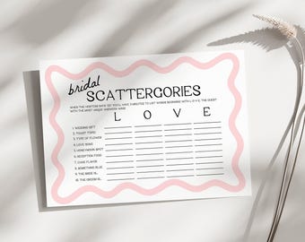 Bridal Scattergories Game | Scattergories Game Card, Bridal Shower Game, Printable Shower Games, Wavy, Squiggly, Wedding Scattergories, WP1