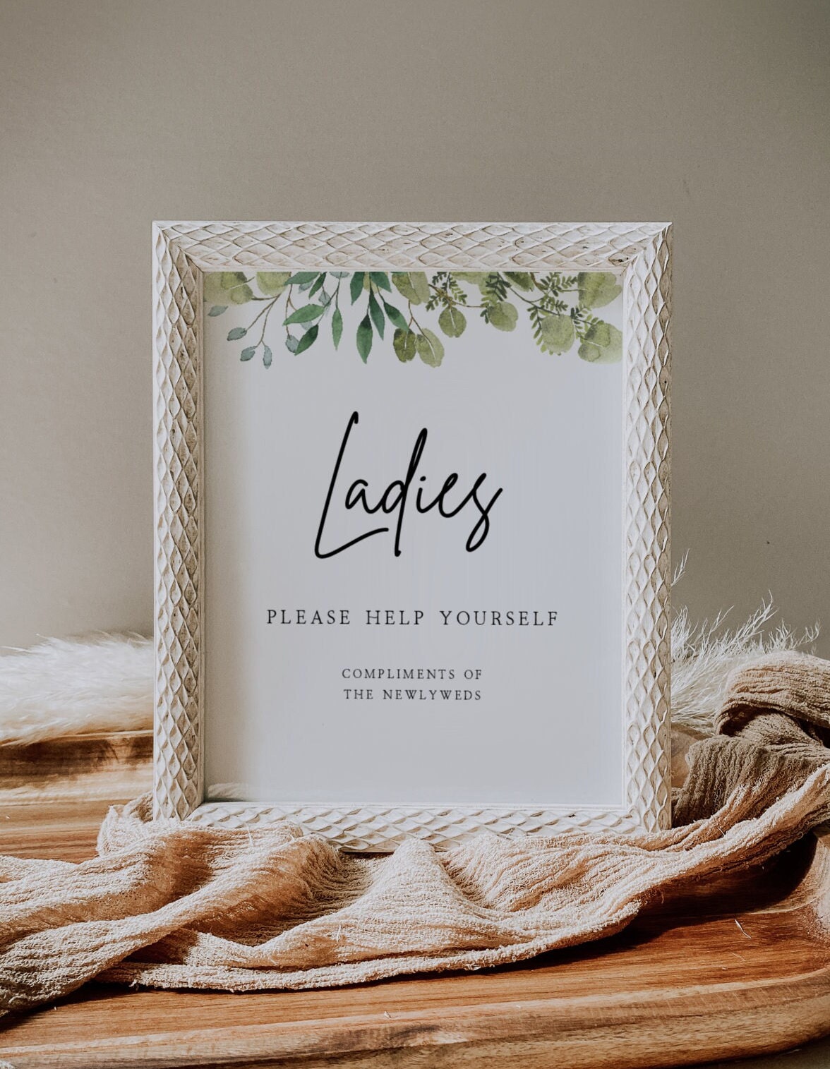 Toileties Sign Bathroom Basket Sign | Greenery, Wedding Bathroom Basket, Wedding ...