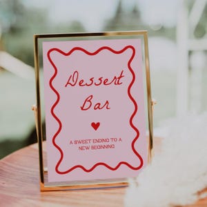 Pink and Red Dessert Bar Sign | Squiggly Wedding Sign, Wedding Dessert Table Sign, Printable Wedding Signs, Wavy, Dessert Station Sign